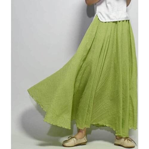 Women Cotton Linen Skirt Green Long High Waist Large Size Elastic A Line Girls Skirts Pleated Solid Color Ethnic Vintage Sweet