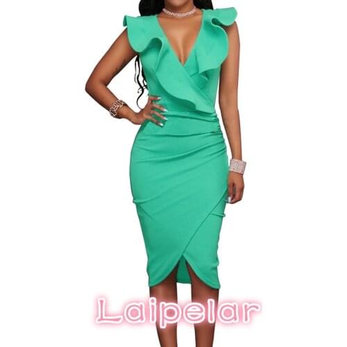 Women Summer Dress Sexy Sleeveless V Neck Pencil Party Dresses Ladies Ruffles Bodycon Slim Midi Club Vestidos Laipelar