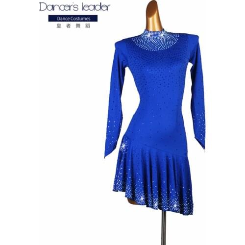 2020 New Latin Dance Dress Lady junior Rumba Cha Cha Samba purpleroyal blue Long Sleeve skirt vent slit Competition Dresses