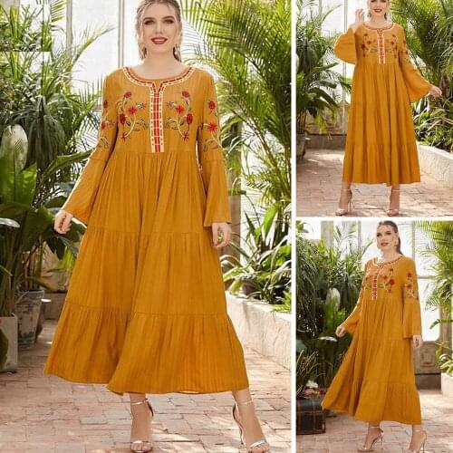 Plus Size Women Embroidery Abaya Muslim Arab Maxi Robe Gown Middle East Ethnic Flare Sleeve Fashion Caftan Long Dress Loose New