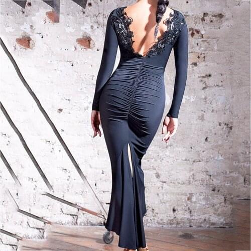 Backless Latin Dance Dress For Ladies Black Lace Skirts Suits Women Adult Indian Ballroom Dinner Performance Square Dresses B001