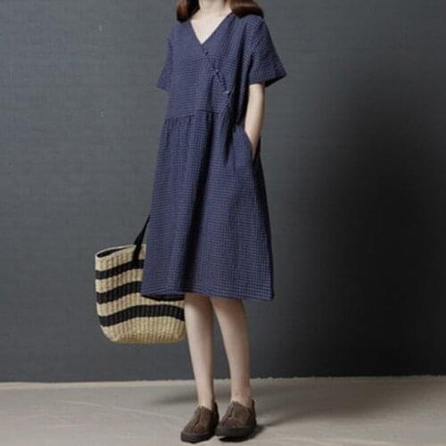 2020 New Korean Loose Large Size Womens Summer lattice V-neck Dress Women short-sleeved Cotton Linen Dress x648