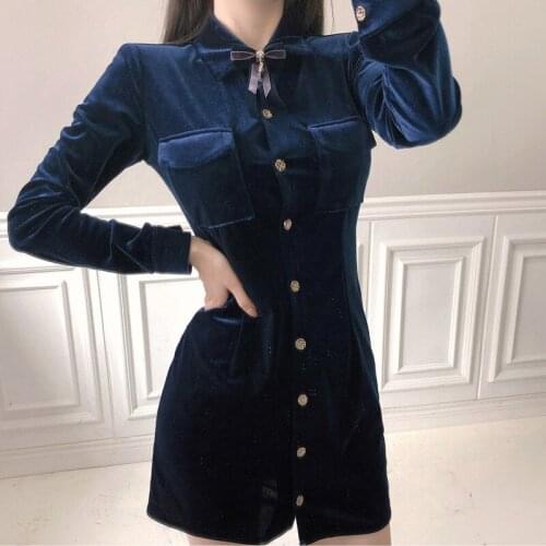 New arrival fashion spring dress women OL professional temperament turn-down collar single-breasted velvet slim a-line dress