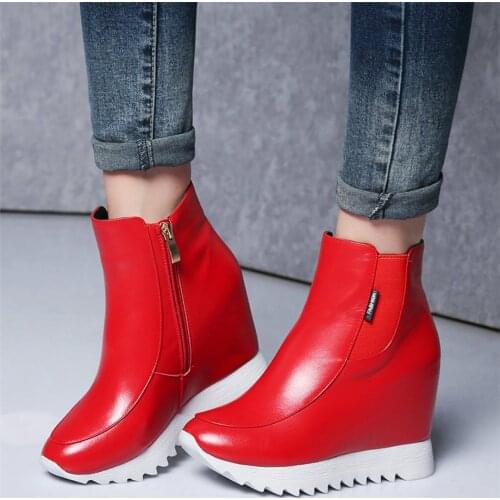 Winter Warm Fashion Sneakers Women Cow Leather Wedges High Heel Ankle Boots Female Round Toe Platform Pumps Shoes Casual Shoes
