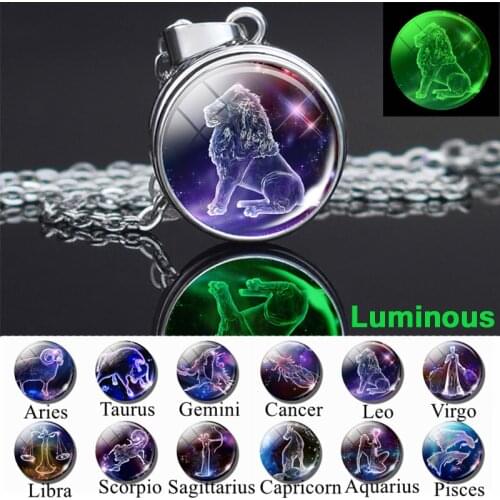 1pc Luminous 12 Constellation Signs Button Necklace Fashion Zodiac Aries Libra Leo Glass Cabochon Jewelry Pendant Birthday Gift