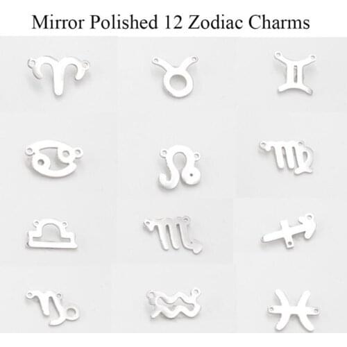 12pcs/lot Grace Moments 15mm Mirror Polished Stainless Steel Twelve Zodiac Charms DIY Constellation Connectors DIY Jewelry