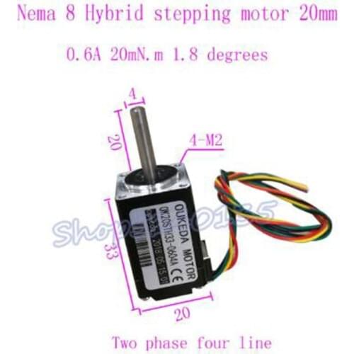2-phase NEMA8 stepper motor 1.8 degrees 20MM 20BYG33 0.6A 0.02NM Stepping Motor with shaft diameter 4mm * 20 mm