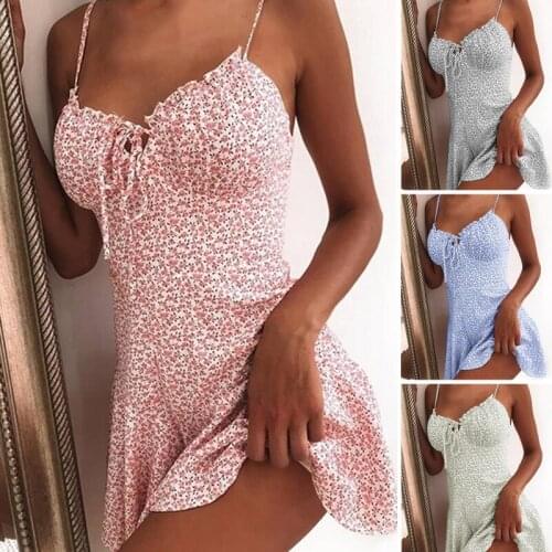 2020 Women Summer Dress Sexy Sling Floral Print Ruffled Dress Sleeveless Mini Dress For Femmes Tie Front V Neck Party Dress