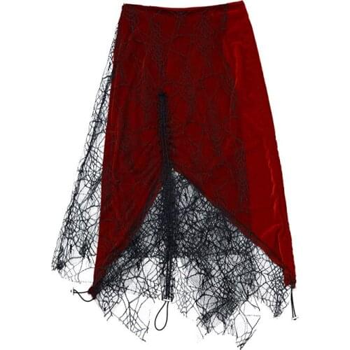2021 Womens Spring Fashion Midi Skirt Sexy Velvet Stitching Spider Web Female High Waist Drawstring Retro Gothic Skirts