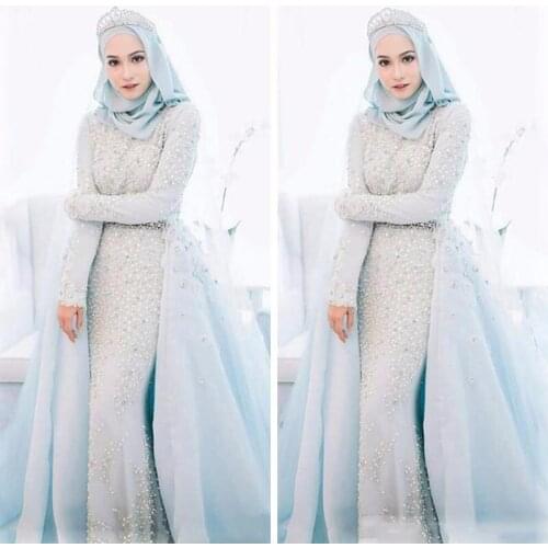2021 Elegant Muslim Sky Blue Mermaid Wedding Dresses Custom Beaded Crystal Pearls Beaded Romantic Formal Wedding Formal Bridal G