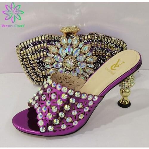 2021 Comfortablel Heels New Coming INS HOT Sale Italian Women Shoes and Bag Set in Purple Color for Garden Party