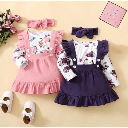 3Pcs Baby Girls Outfit Floral Printing Long Sleeve Round Collar Romper Lace Suspender Skirt Headwear baby Girls Outfits Set