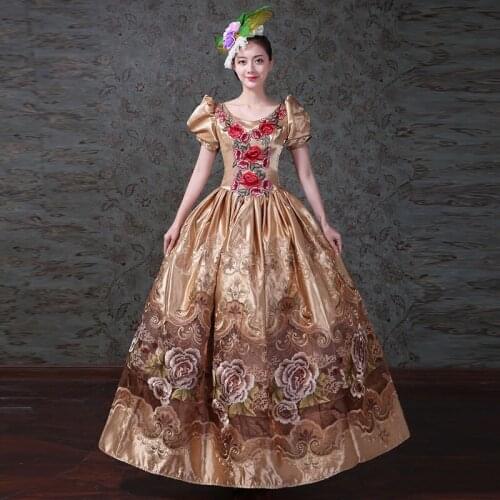 Golden Printing Vintage Wedding Gown Medieval Renaissance Victorian Party Costumes