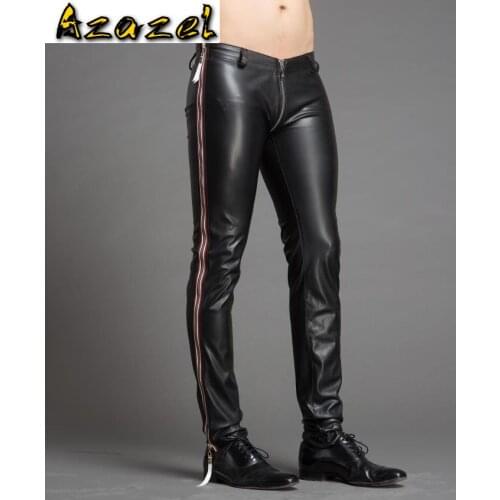 Hot 2020 Spring New Men Zipper Elastic leather pants Motorcycle Fashion Casual black performances male trousers Plus Size 29-39
