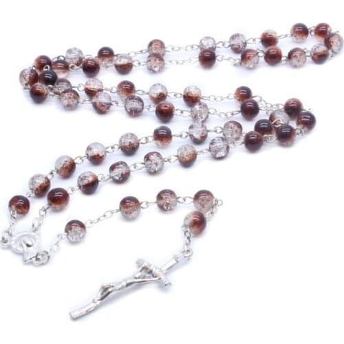 Rosary Necklace Jesus Christ Cross Pendant Necklaces Round Alloy Bead Long Chain Men Women Fashion Jewelry