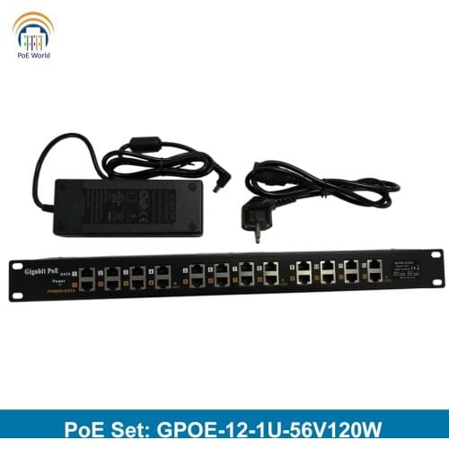Free ship GPOE-12-1U-56V120W gigabit POE 12 Port Power over Ethernet Injector include 56v 120w power adapter