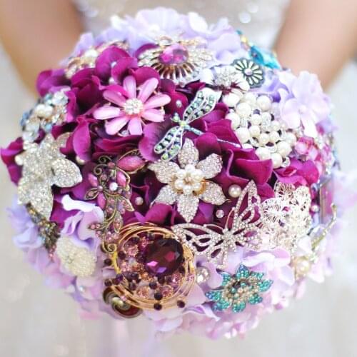 Simulation purple hydrangea bridal bouquet, grape wedding brides brooch bouquet, Custom crystal jewelery Bouquet