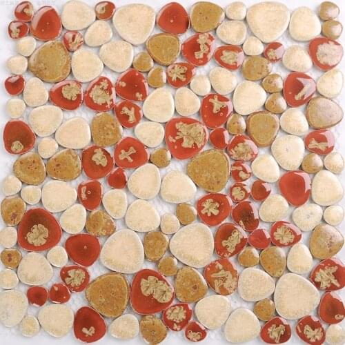 China red golden brown mixed beige pebble ceramic mosaic tile for DIY kitchen wall bathroom bathtub garden path swimming pool