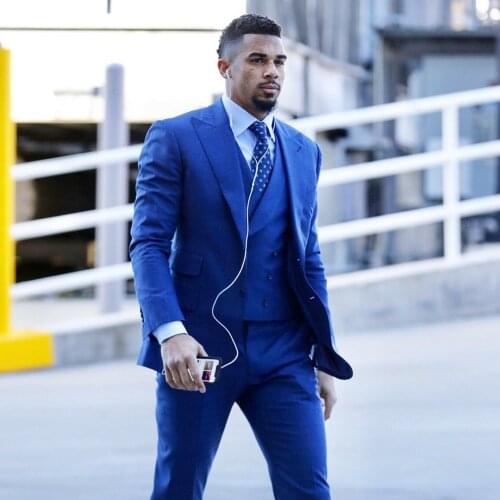 Blue Three Pieces Mens Suit Peaked Lapel Wedding Blazers Male Tuxedos Double Breasted Groom Wear Prom Jackets Vest And Pants