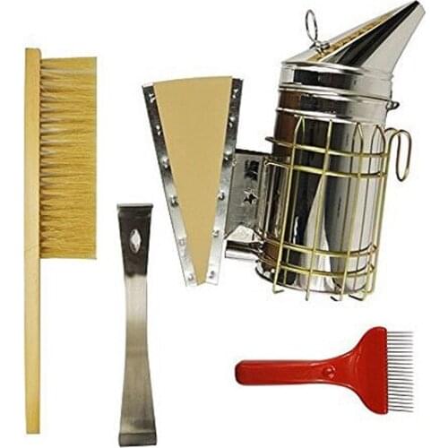 Set Of 4 Beekeeping Tools Kit, Stainless Steel Hive Tool, Bee Brush, Smoker, Comb Wax Extracting Fork