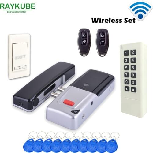 RAYKUBE New Wireless 433Mhz Access Control Kit Wireless Electric Door Lock RFID Keypad Remote Control Exit Button