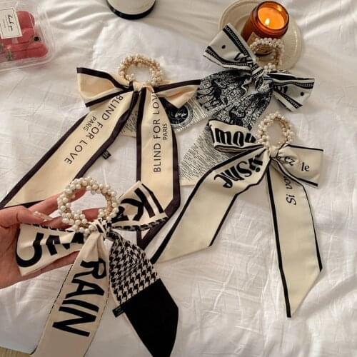 Pearl Elastic Hair Rubber Bands with Bow for Women Long Print Ribbon Bowknot Scrunchies Ponytail Holder Hair Ties Accessories