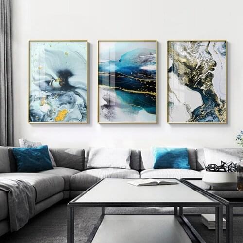 Nordic Blue Golden Luxury Abstract Wall Art Canvas Painting Contemporary Poster and Print Living Room Aisle Home Decor Picture