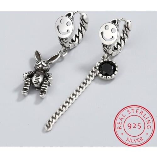 925 Sterling Silver Smiling Face Hoop Earrings Asymmetric Rabbit Zirconia Chain Tassel Ear Fine Jewelry For Women S-E1061
