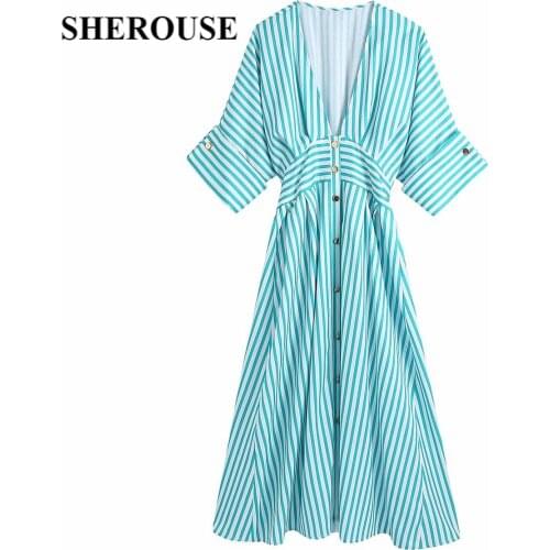 SHEROUSE 2021 Women Fashion Striped Single Breasted Midi Dress V-Neck Back Bow Short Sleeve Vintage Female Dresses Femme Robe