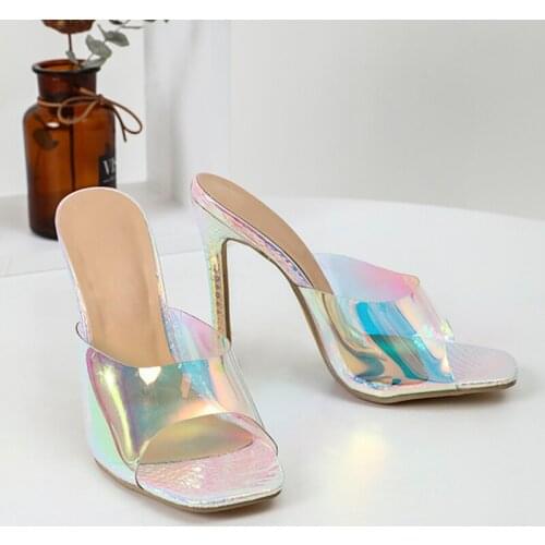 Summer Womens Slippers Thin High Heels Ladies Plus Size Colorful Square Toe Party Sexy Ladies Fashion Female 2021 Weman New PVC