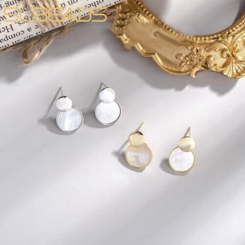 Subeads Real 925 Sterling Silver White Fritillary Double Circle Stud Earrings For Women Geometric Round Earrings Wedding Jewelry