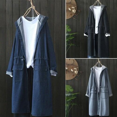 Women Hooded Casual Overcoat Long Sleeve Denim Jacket Long Jean Coat Outwear Overcoat Simple Daily Fashion Jacket Free Shipping