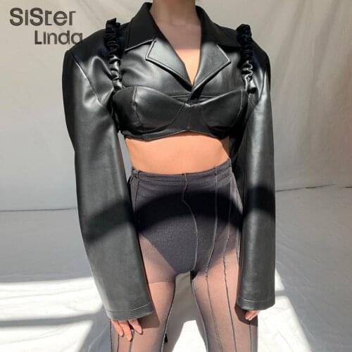 Sisterlinda PU Leather Black Slim Jackets Women Tank Top 2Piece Suit Long Sleeve Skinny Single Button Chic Outerwear Y2K Jackets