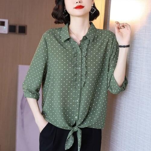 2021 Chiffon Summer Women Shirts Higt-End Elegant Dots Print Blouses Polo-Neck Casual Loose Ladies Blusas Tops MM1087