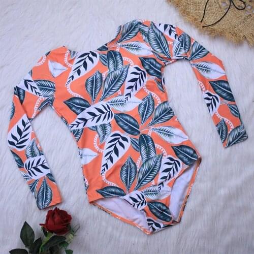 Women Sexy Vintage Floral Print One Piece Bikini Swimwear Summer Fashion Long Sleeve Slim Ladies Beach Holiday Swimming Wear