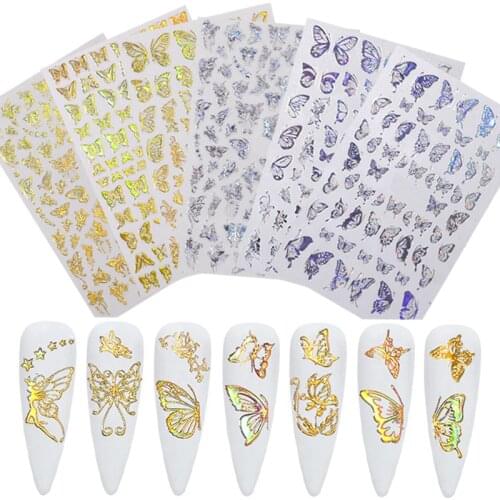 1 Sheet Gold Silver 3d Butterfly Nail Art Stickers Laser Butterfly Pixie Metallic Nail Decals Holographic Manicure Decorations