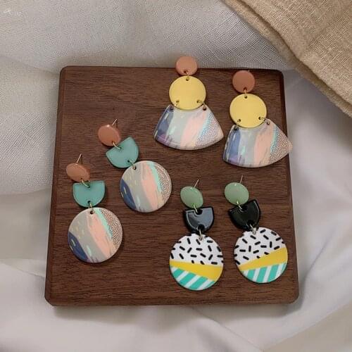 AOMU 2020 Korea Summer Colorful Graffiti Splice Acrylic Earrings Geometric Round Hit Color Long Dangle Drop Earrings Jewelry