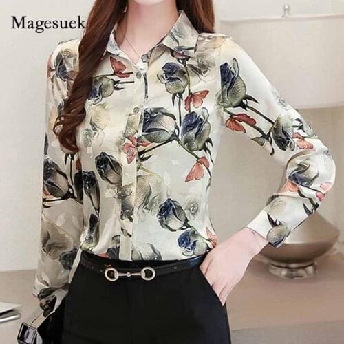 Blusas Plus Size Silk Woman Shirt Rose Floral Print Tops 2020 Autumn Fashion Blouse Women Long Sleeve Office Lady Clothing 10725