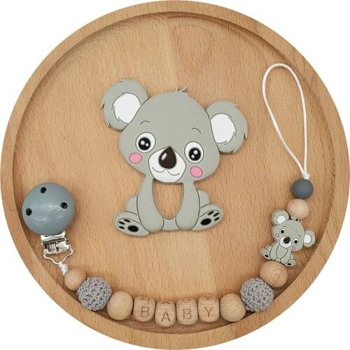 Personalized Name Baby Pacifier Holder Koala Teether Chain Wooden Bead Nipple Holder Newborn Accessories Dummy Clip Holder Chain