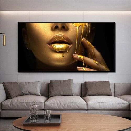 African Woman Face Golden Sexy Lips Canvas Paintings Posters and Prints Cuadros Wall Art Picture for Living Room Home Decoration