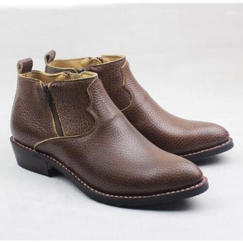 Western Cowboy Boots Ankle Zip Brown Embossing Cowhide Genuine Leather Work Boots Men Pointed Sewing Outdoor Boots Botas Hombre