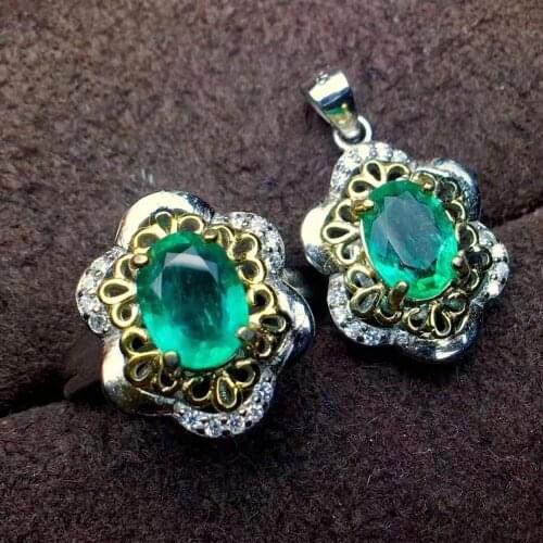 Natural Emerald Flower Ring Pendant Necklace Set S925 Silver Fashion Fine Weddings Jewelry for Women Free Shipping MeibaPJFS