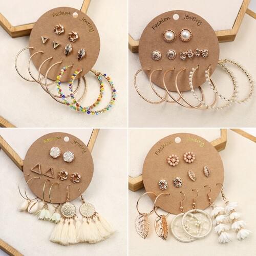 6Pairs/set Fashion Gold Color Big Round Circle Dangle Earrings Set For Women Girls Colorful Beads Flower Tassel Earrings Jewelry