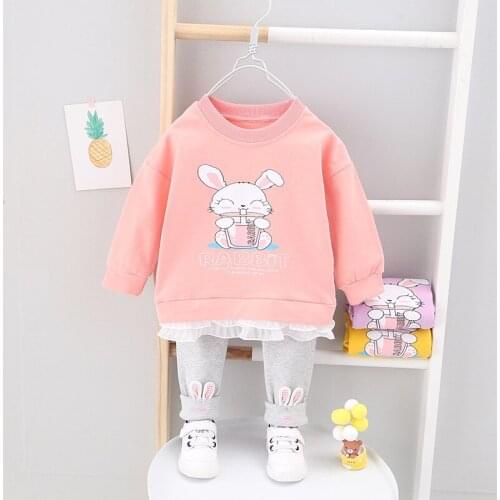Baby girl clothes spring and autumn cotton suit girl cartoon rabbit cute clothes round neck sweater baby girl two-piece suit