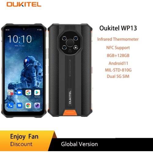 OUKITEL WP13 Dual 5G Rugged Mobile Phones NFC 8GB+128GB 5280mAh 6.52''HD+ Smartphone 48MP 2021 Waterproof Infrared Celular