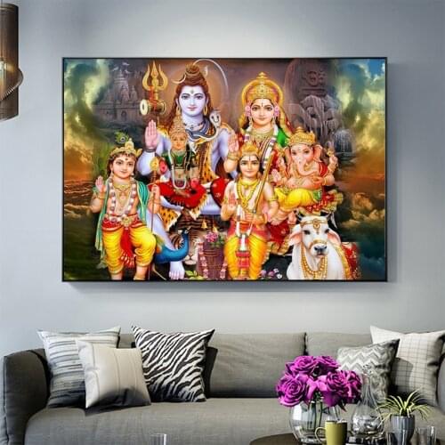 Shiva Parvati Ganesha Indian Art Hindu God Figure Canvas Painting Religious Poster Print Wall Picture for Living Room Cuadros