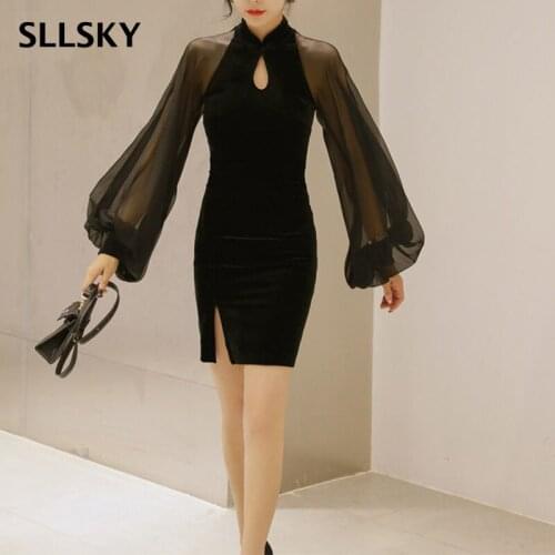 SLLSKY Sexy Vintage Black Womens Dress Spring O-Neck Lantern Sleeve Split Ladies Dress Lace Up Patchwork Skinny Mini Dress