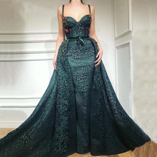 Hunter Green Overskirt Evening Dresses 2020 Fashion Sweetheart Neck Handmade Flowers Sexy Mermaid Lace Evening Gowns