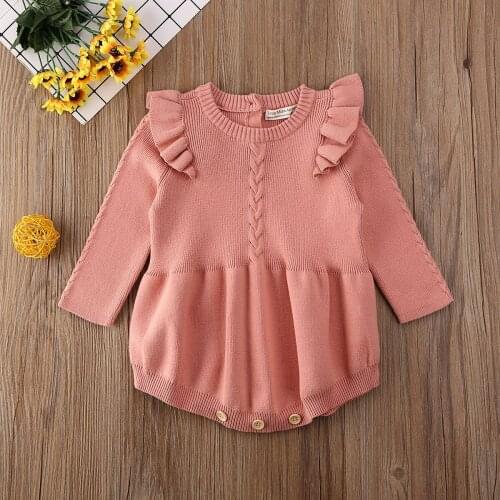 2020 Baby Spring Autumn Clothing Infant Newborn Baby Girls Knitted Bodysuit Long Sleeve Solid Ruffled Jumpsuit Outfit Set 0-3T