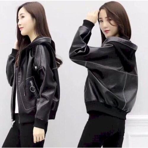 Leather Jacket Women Short Hooded Leather Jacket Spring Autumn PU Coat 2021 New Korean Wild Large Size Loose Plus Velvet Coat